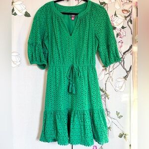 Vince Camuto Kelly Green Eyelet Prairie Cottagecore Dress w/Tassel Tie Waist